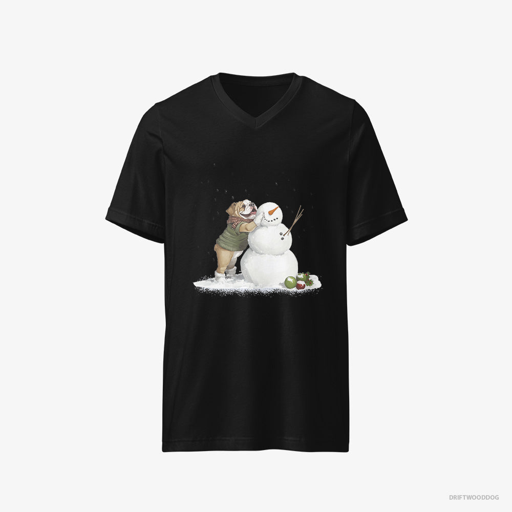 Bulldog T-Shirt – Men Black T-Shirt V-Neck – Creating a Snowman (on White Background)