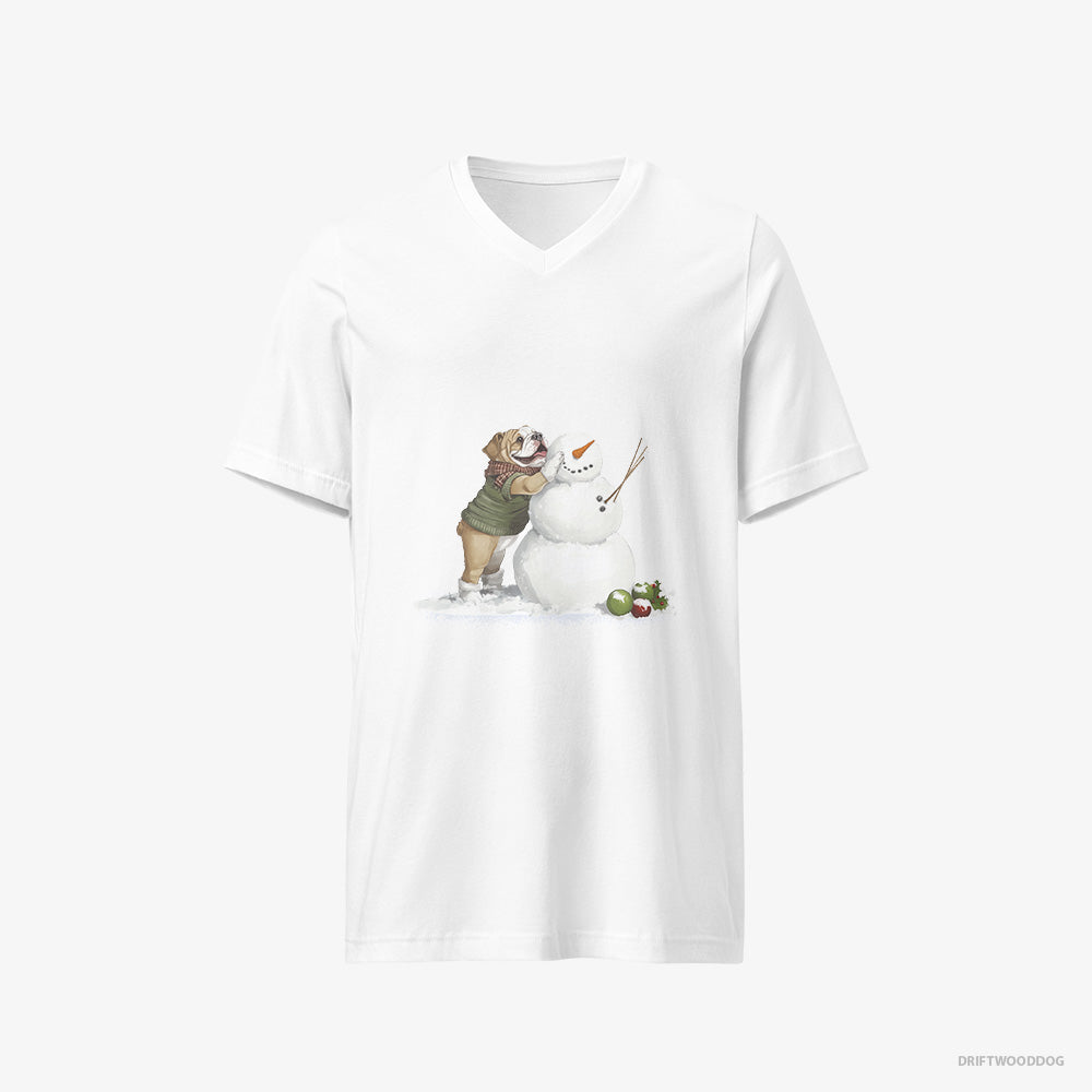 Bulldog Creating a Snowman V-Neck T-Shirt