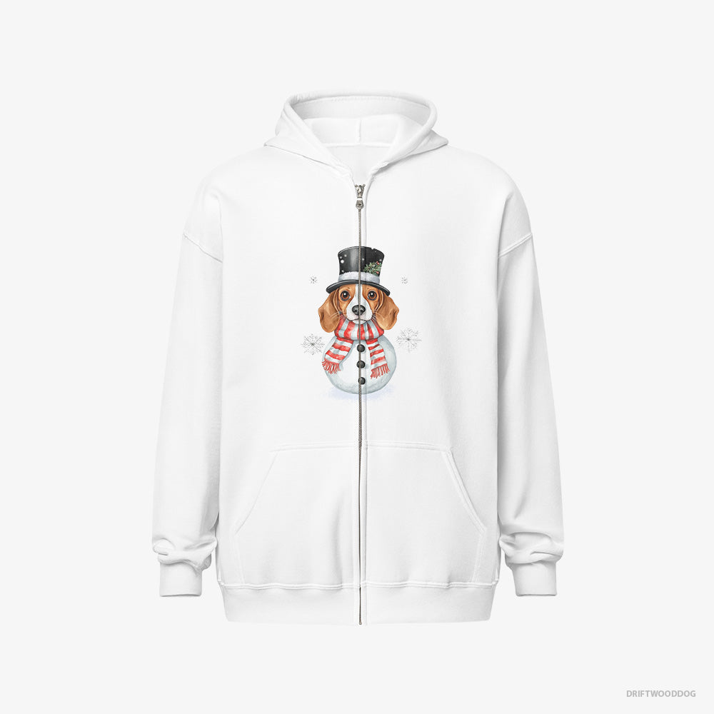 Beagle Hoodie – Men White Hoodie Full-Zip – Dressed as a Snowman (on White Background)