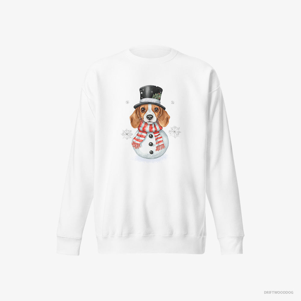 Beagle Sweatshirt – Men White Sweatshirt Eco-Friendly – Dressed as a Snowman (on White Background)