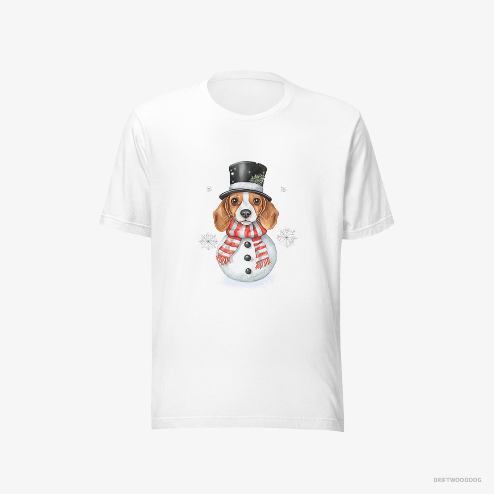 Beagle T-Shirt – Women White T-Shirt Eco-Friendly – Dressed as a Snowman (on White Background)