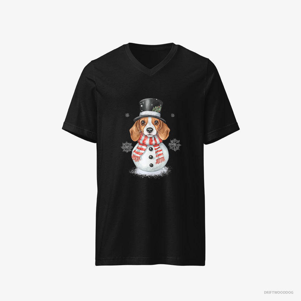 Beagle T-Shirt – Men Black T-Shirt V-Neck – Dressed as a Snowman (on White Background)