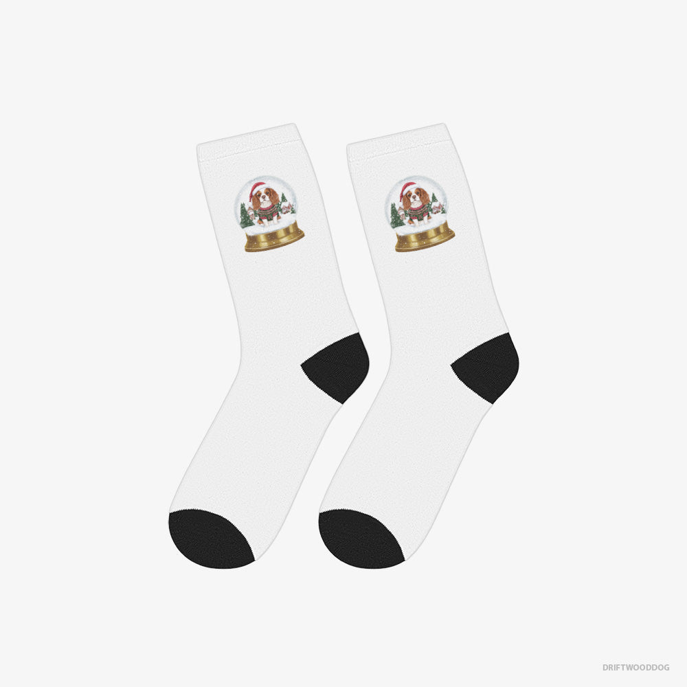 Cavalier King Charles Spaniel Socks – Unisex White Socks Classic – in a Christmas Snow Globe (on White Background)