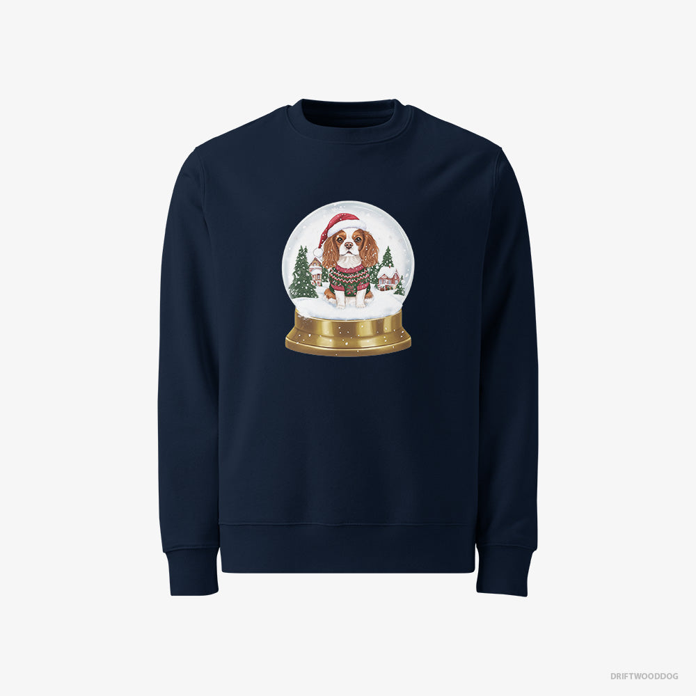 Cavalier King Charles Spaniel Sweatshirt – Men Navy Sweatshirt Classic – in a Christmas Snow Globe (on White Background)