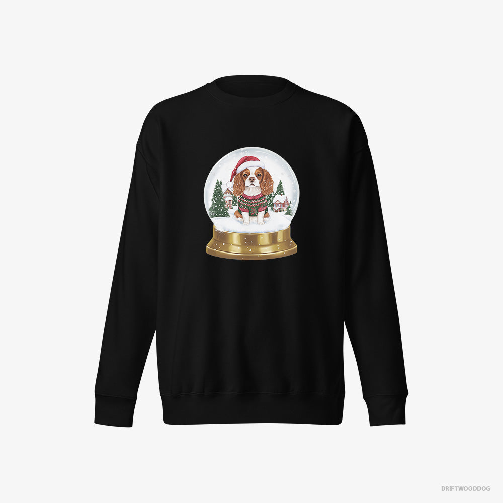 Cavalier King Charles Spaniel Sweatshirt – Women Black Sweatshirt Eco-Friendly – in a Christmas Snow Globe (on White Background)