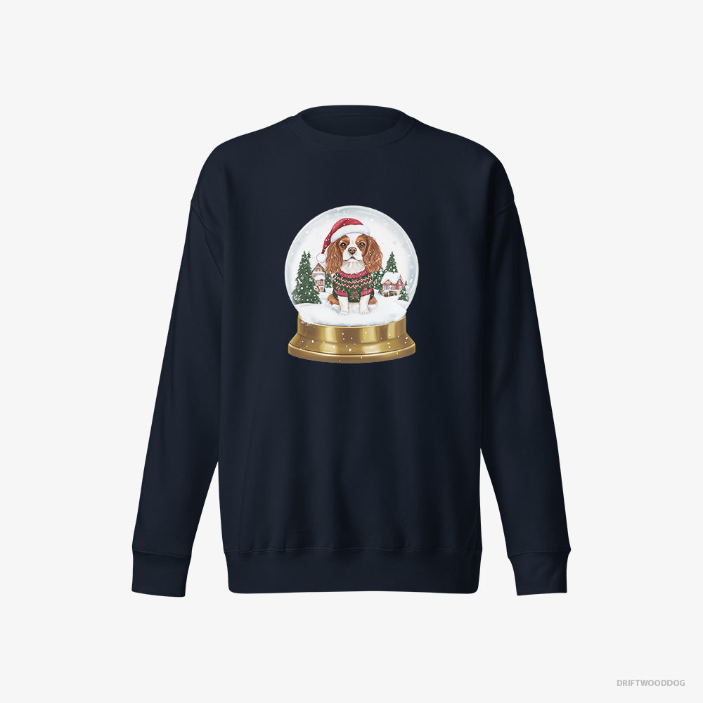 Cavalier King Charles Spaniel Sweatshirt – Men Navy Sweatshirt Eco-Friendly – in a Christmas Snow Globe (on White Background)