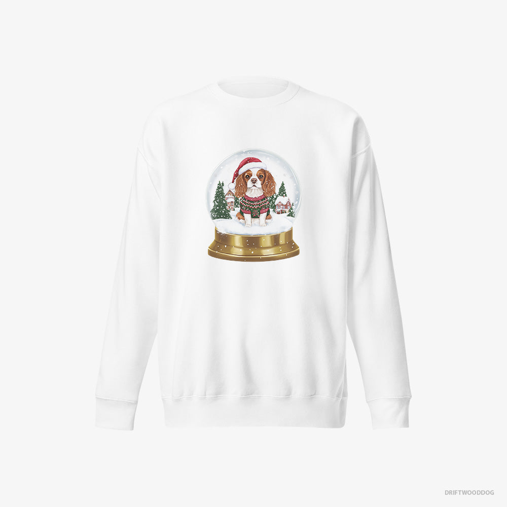 Cavalier King Charles Spaniel Sweatshirt – Men White Sweatshirt Eco-Friendly – in a Christmas Snow Globe (on White Background)