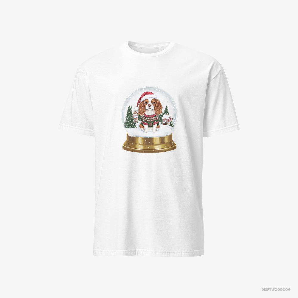 Cavalier King Charles Spaniel T-Shirt – Men White T-Shirt Classic – in a Christmas Snow Globe (on White Background)