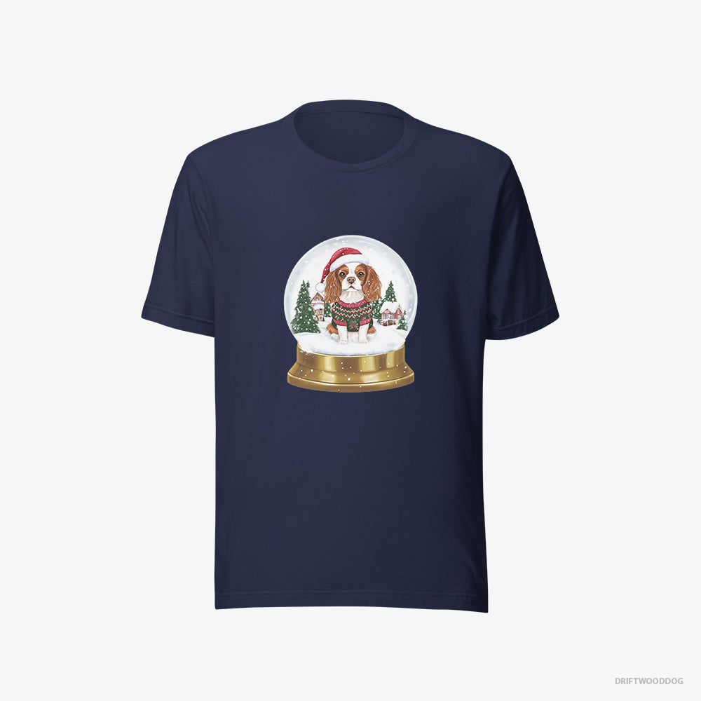 Cavalier King Charles Spaniel T-Shirt – Women Navy T-Shirt Eco-Friendly – in a Christmas Snow Globe (on White Background)