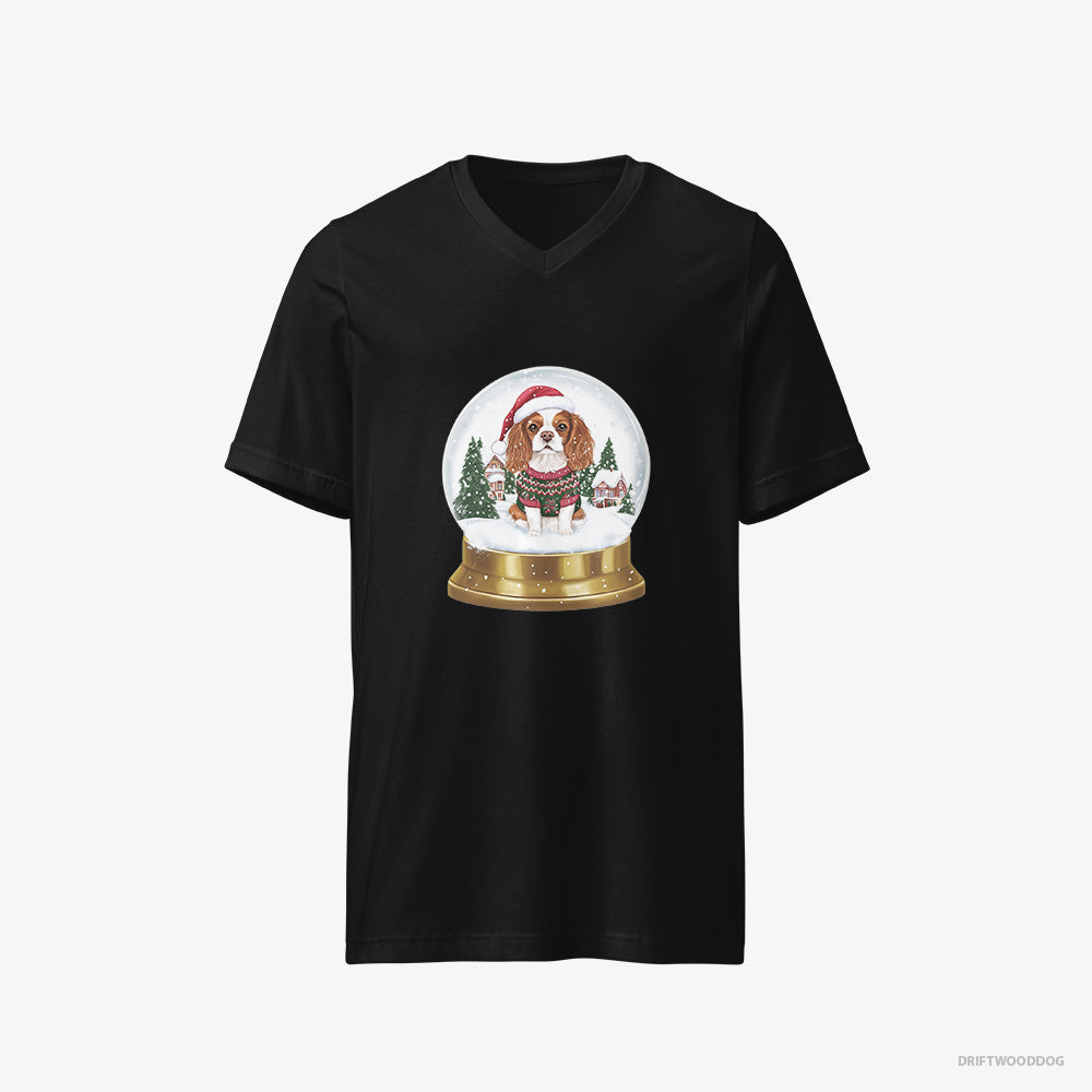 Cavalier King Charles Spaniel T-Shirt – Men Black T-Shirt V-Neck – in a Christmas Snow Globe (on White Background)