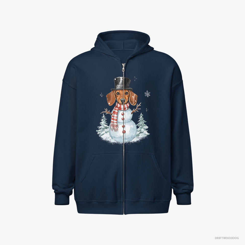 Dachshund Hoodie – Men Navy Hoodie Full-Zip – in a Snowman Costume (on White Background)