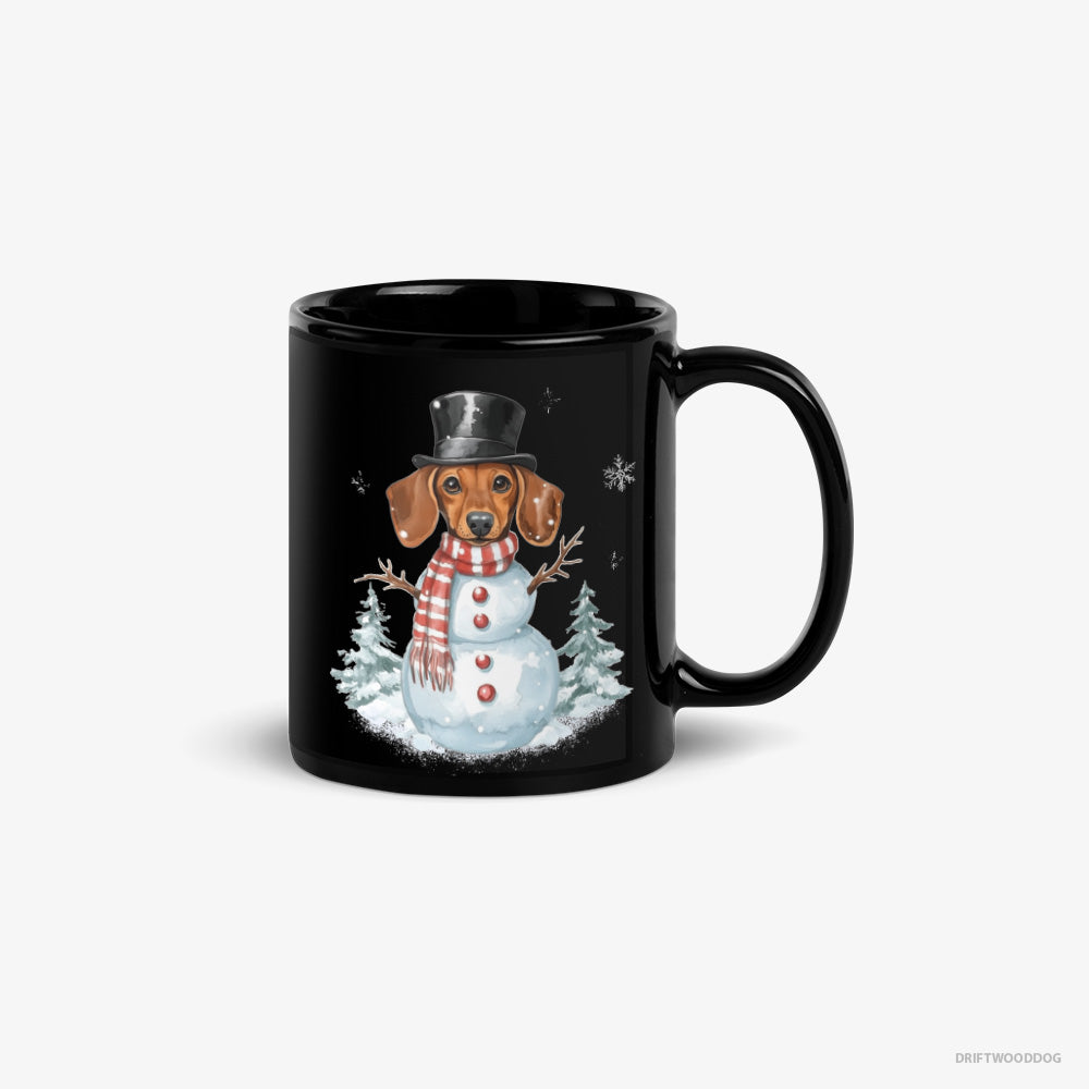 Dachshund Mug – Unisex Black Mug Classic – in a Snowman Costume (on White Background)