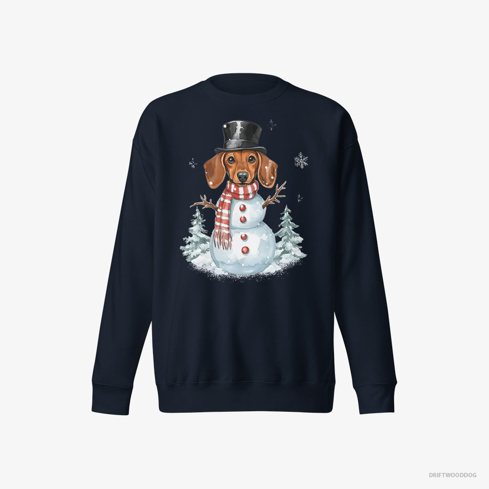 Dachshund Sweatshirt – Women Navy Sweatshirt Eco-Friendly – in a Snowman Costume (on White Background)