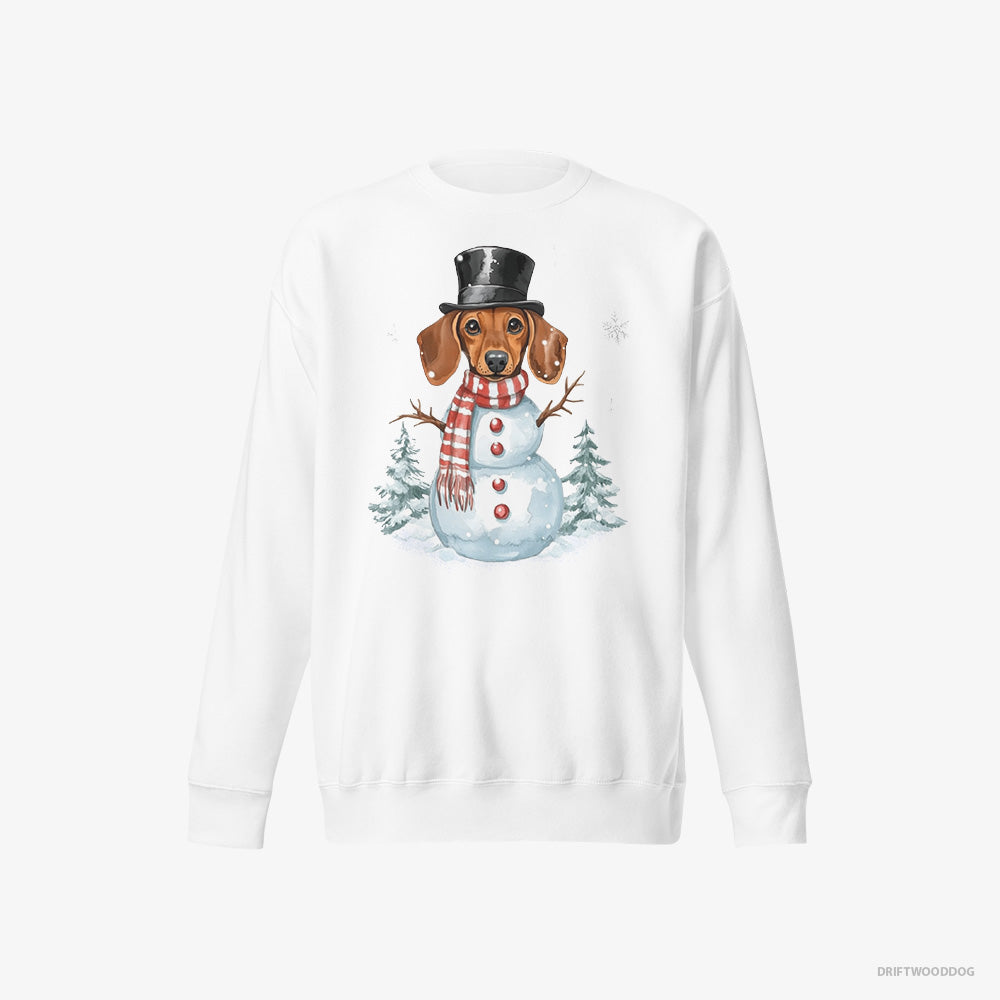 Dachshund Sweatshirt – Women White Sweatshirt Eco-Friendly – in a Snowman Costume (on White Background)