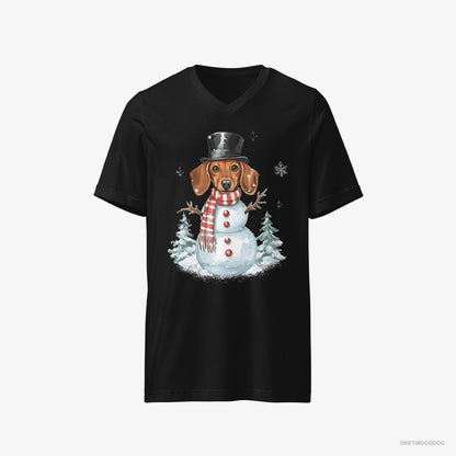 Dachshund T-Shirt – Men Black T-Shirt V-Neck – in a Snowman Costume (on White Background)