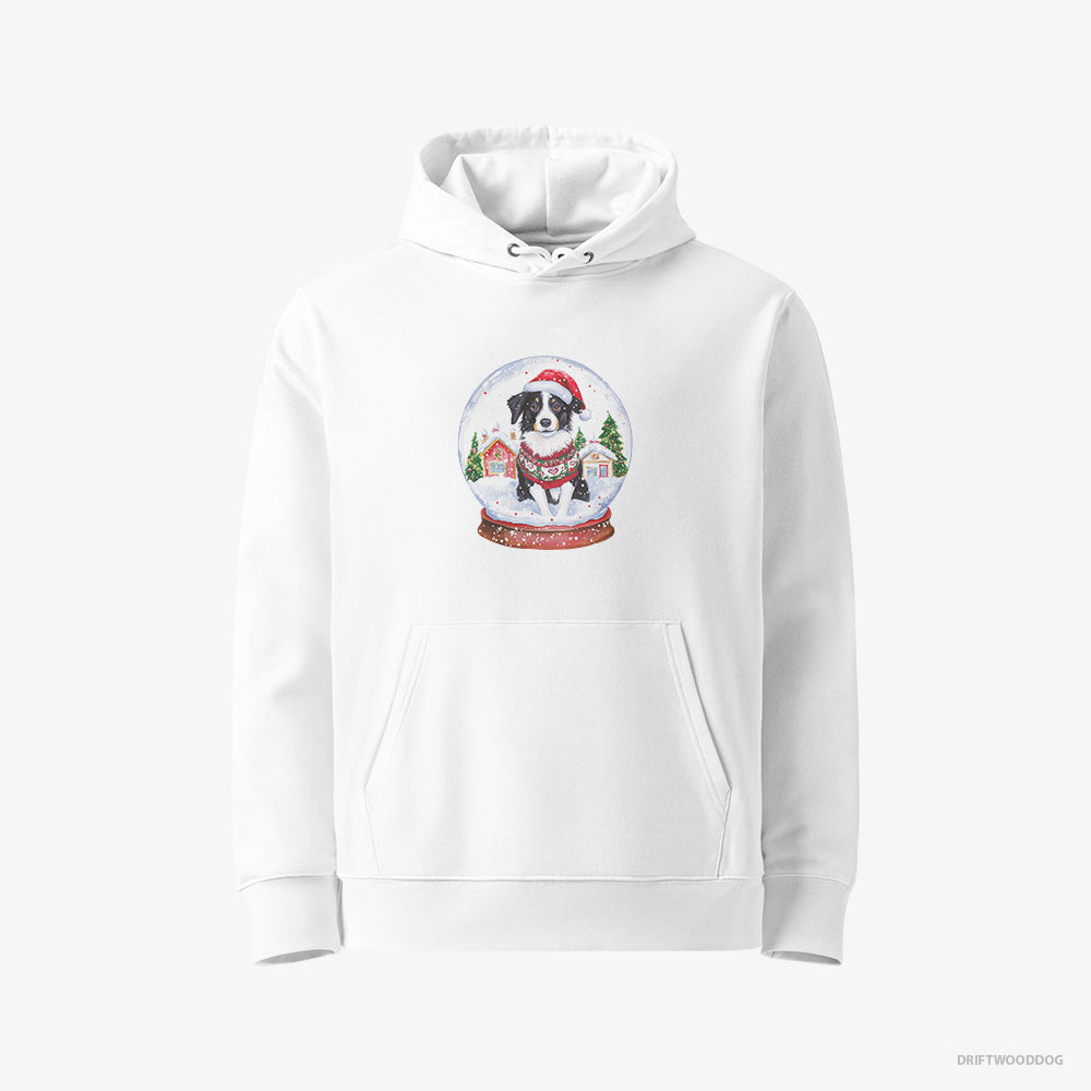 Border Collie Hoodie – Women White Hoodie Eco-Friendly – Inside a Holiday Snow Globe (on White Background)