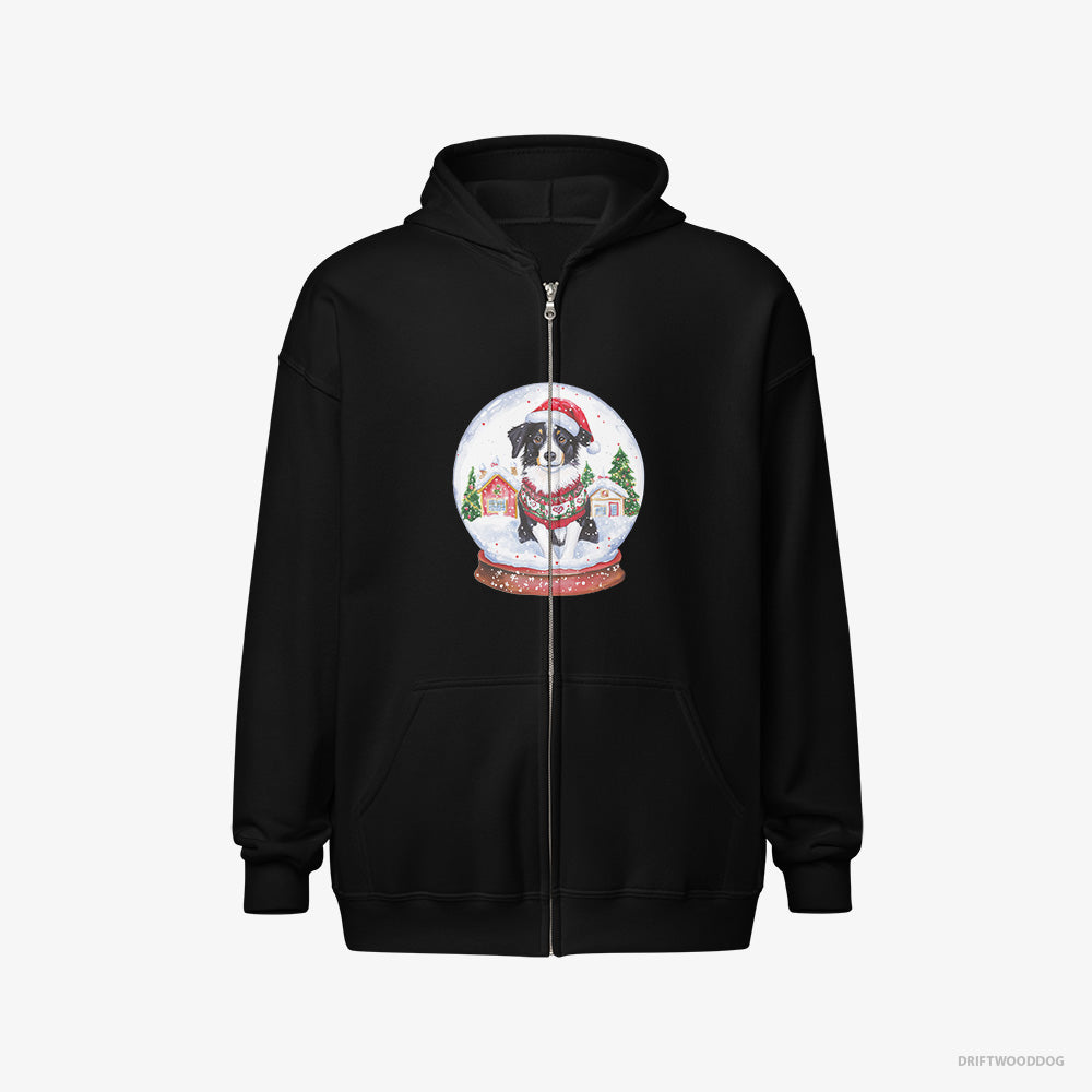 Border Collie Hoodie – Women Black Hoodie Full-Zip – Inside a Holiday Snow Globe (on White Background)