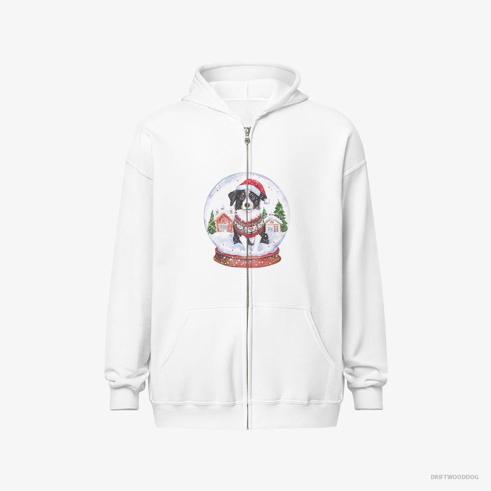 Border Collie Hoodie – Women White Hoodie Full-Zip – Inside a Holiday Snow Globe (on White Background)