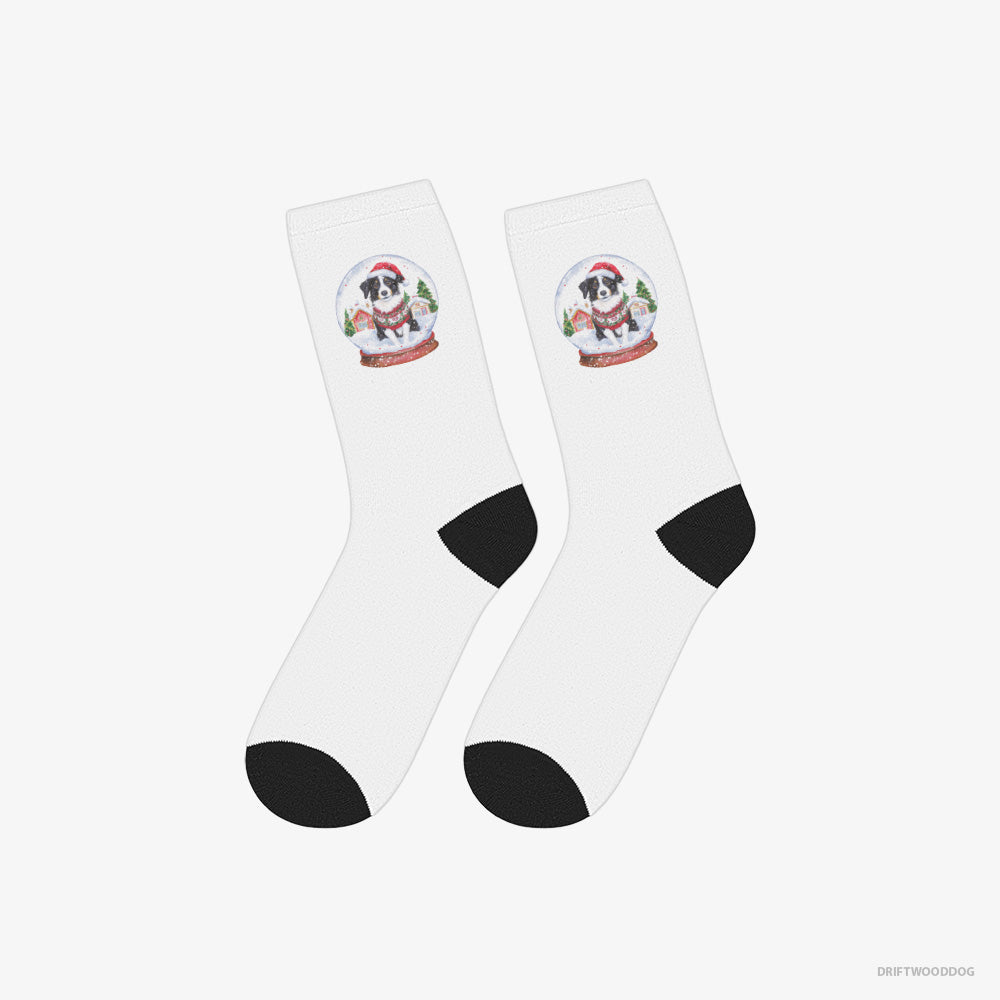 Border Collie Socks – Unisex White Socks Classic – Inside a Holiday Snow Globe (on White Background)