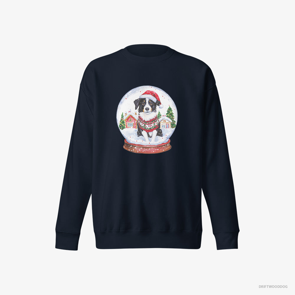 Border Collie Sweatshirt – Women Navy Sweatshirt Eco-Friendly – Inside a Holiday Snow Globe (on White Background)