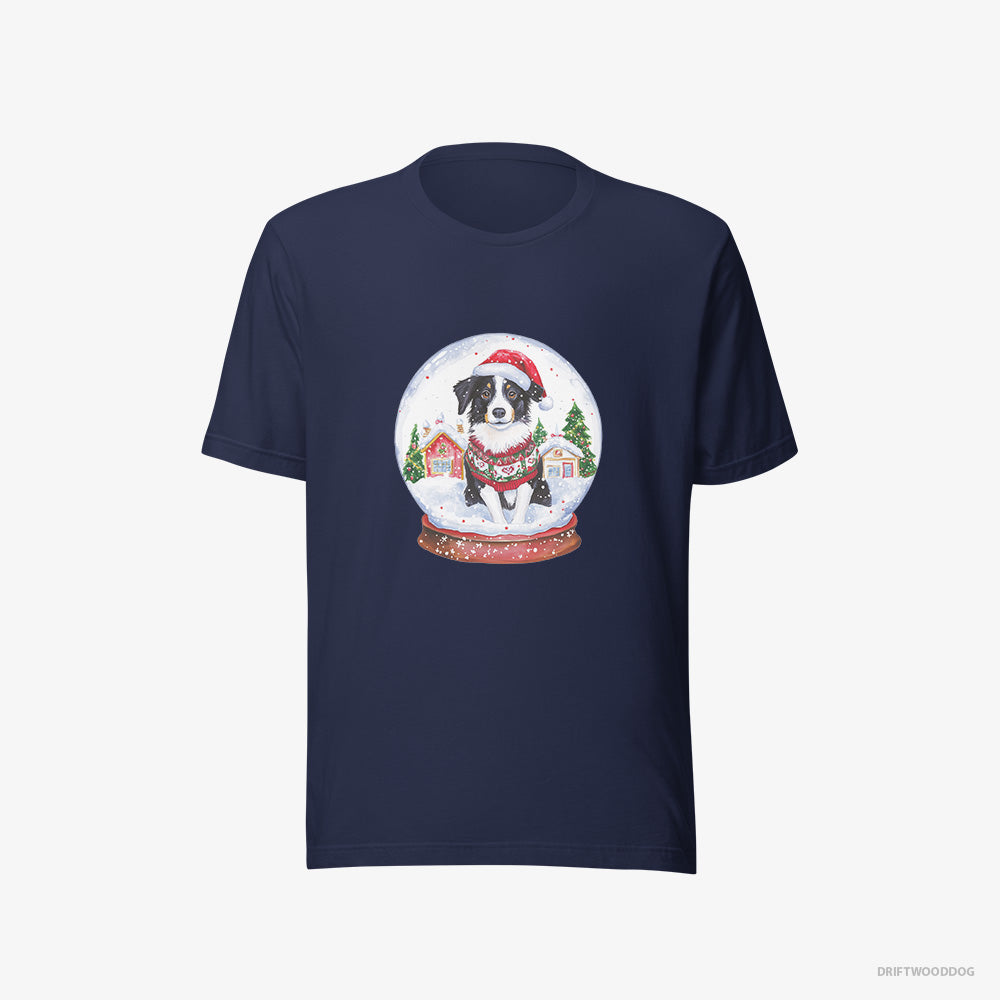 Border Collie T-Shirt – Women Navy T-Shirt Eco-Friendly – Inside a Holiday Snow Globe (on White Background)