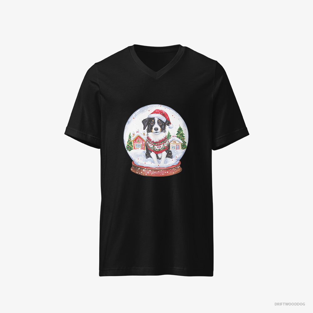 Border Collie T-Shirt – Women Black T-Shirt V-Neck – Inside a Holiday Snow Globe (on White Background)