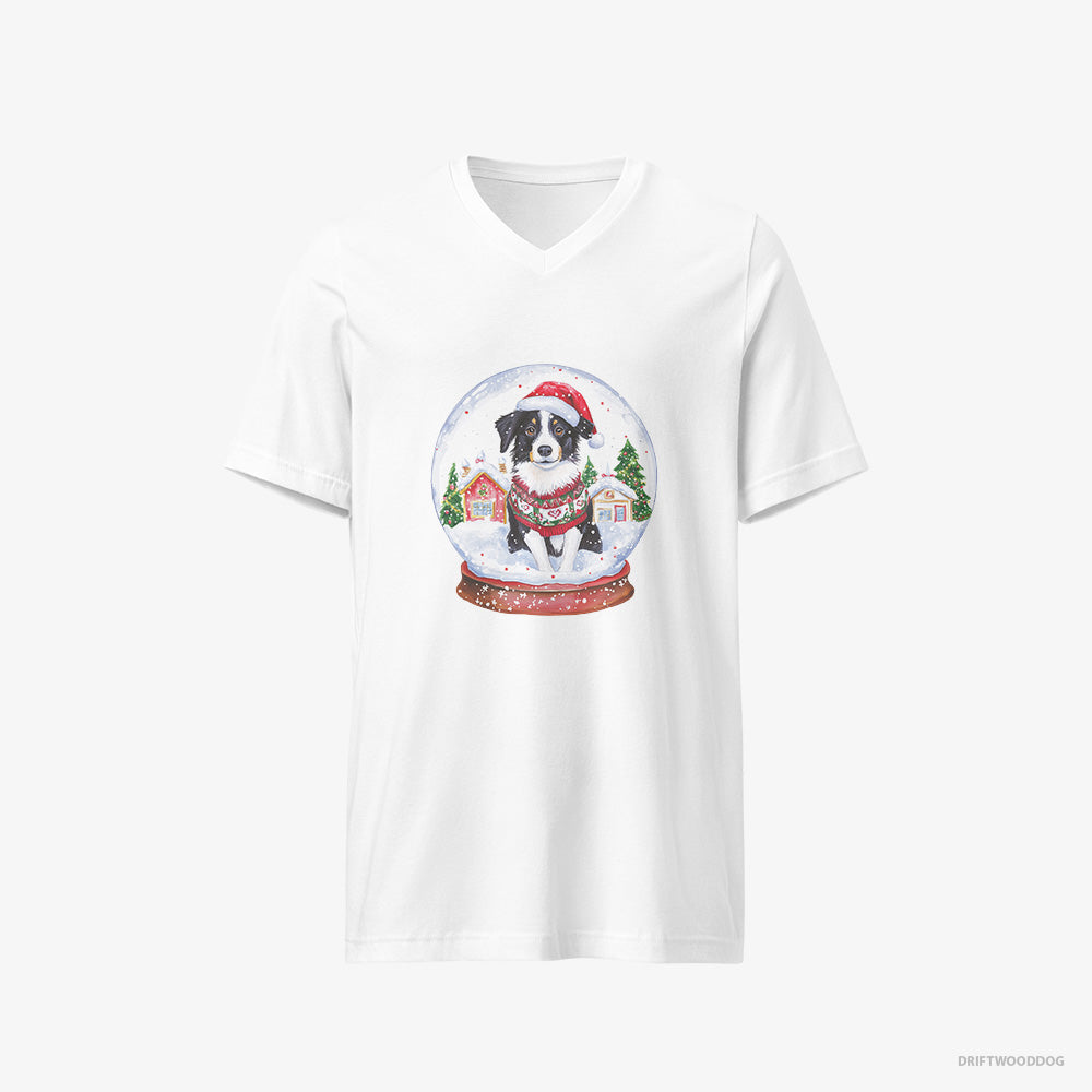 Border Collie T-Shirt – Women White T-Shirt V-Neck – Inside a Holiday Snow Globe (on White Background)