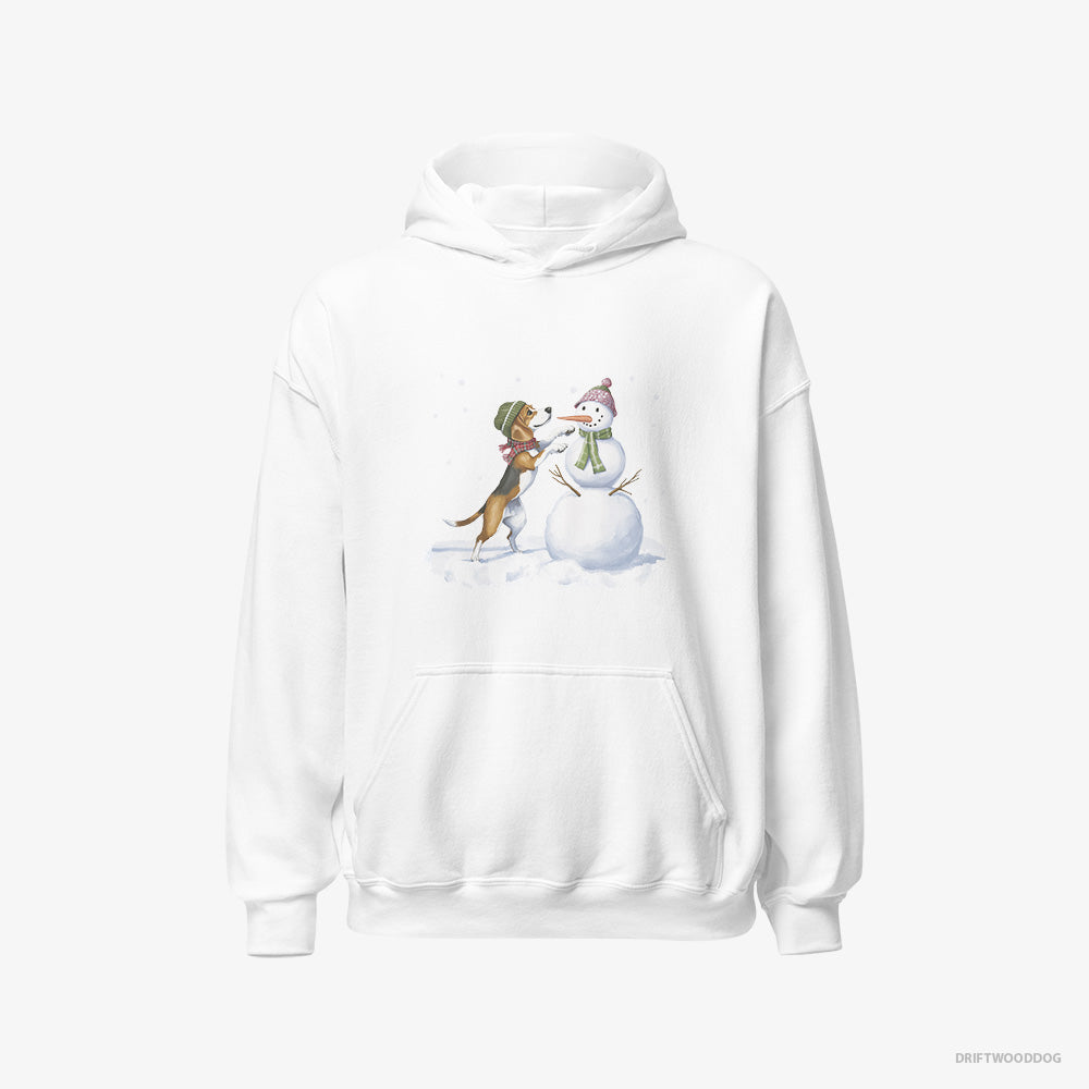 Beagle Hoodie – Men White Hoodie Classic – Putting Together a Snowman (on White Background)