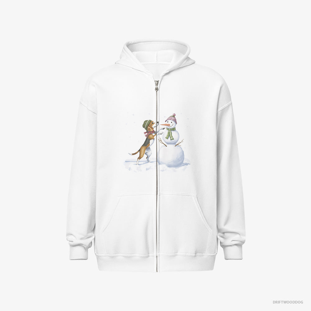 Beagle Hoodie – Men White Hoodie Full-Zip – Putting Together a Snowman (on White Background)