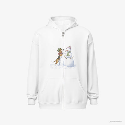 Beagle Hoodie – Men White Hoodie Full-Zip – Putting Together a Snowman (on White Background)