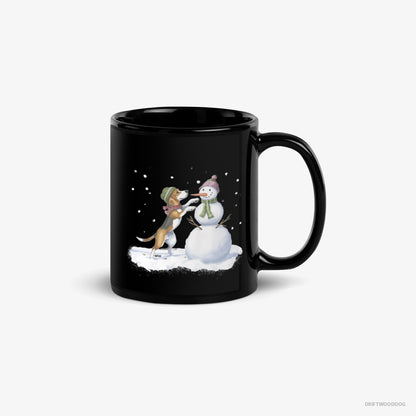 Beagle Mug – Unisex Black Mug Classic – Putting Together a Snowman (on White Background)