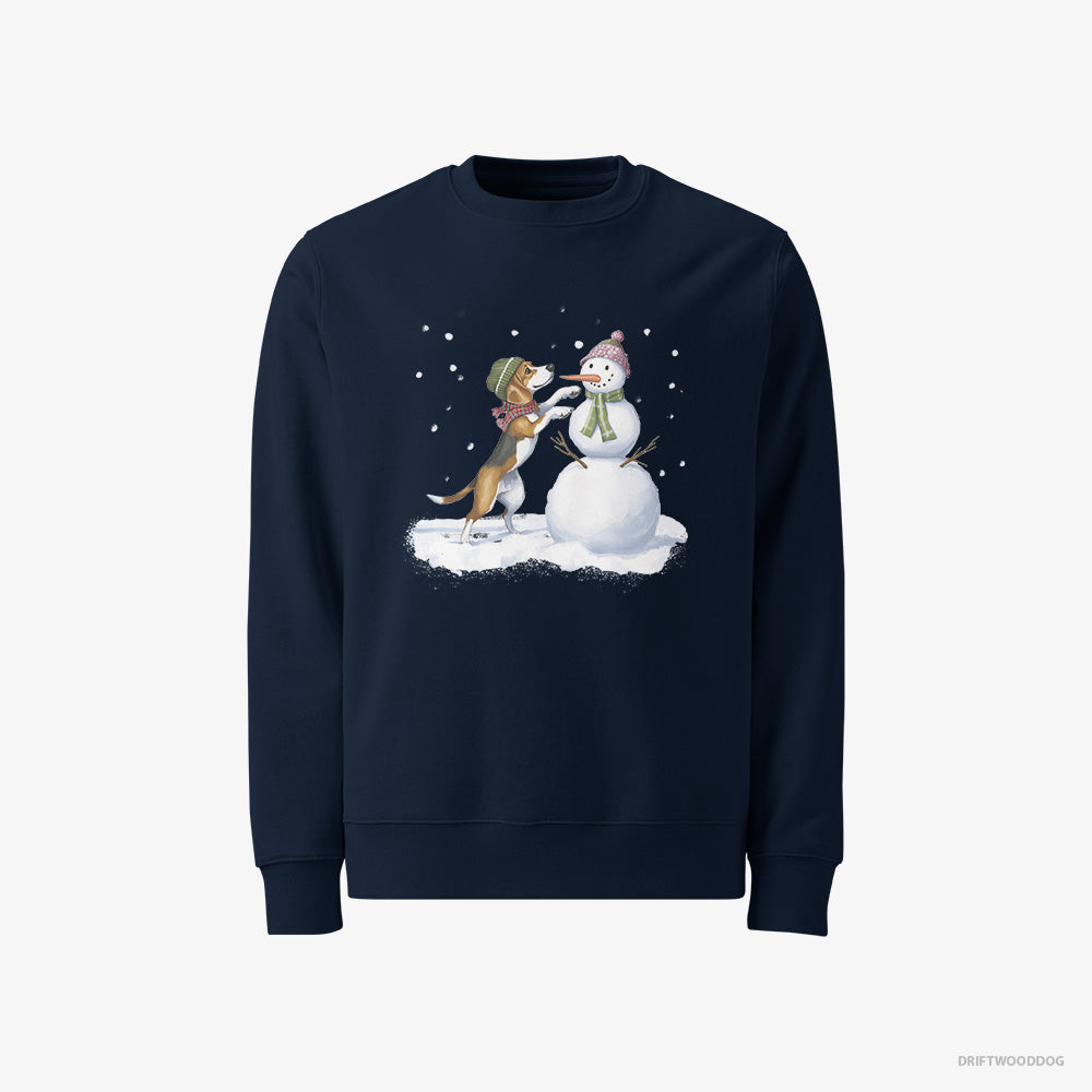 Beagle Sweatshirt – Women Navy Sweatshirt Classic – Putting Together a Snowman (on White Background)