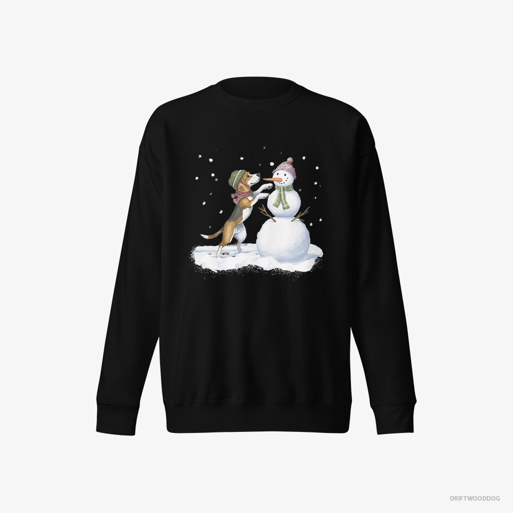 Beagle Sweatshirt – Women Black Sweatshirt Eco-Friendly – Putting Together a Snowman (on White Background)