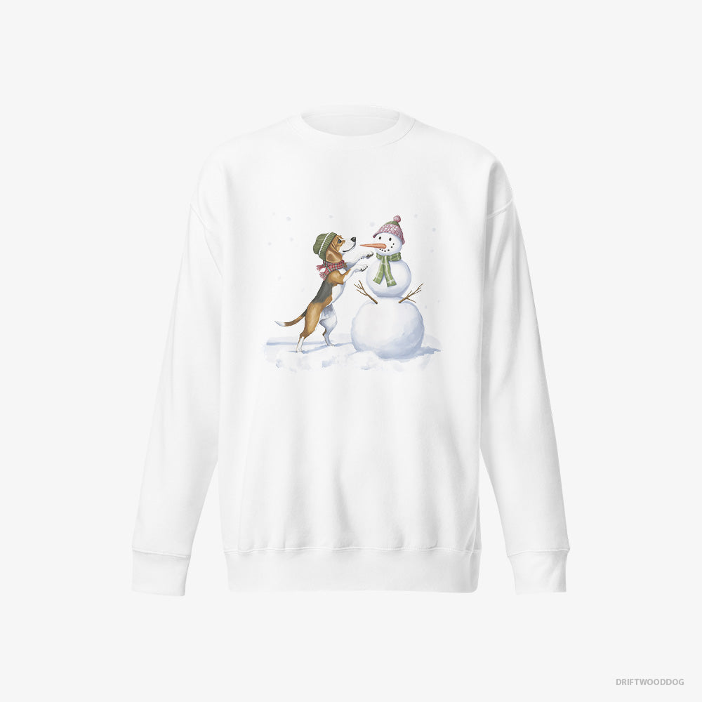 Beagle Sweatshirt – Women White Sweatshirt Eco-Friendly – Putting Together a Snowman (on White Background)