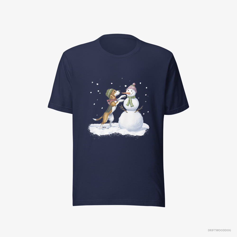 Beagle T-Shirt – Women Navy T-Shirt Eco-Friendly – Putting Together a Snowman (on White Background)