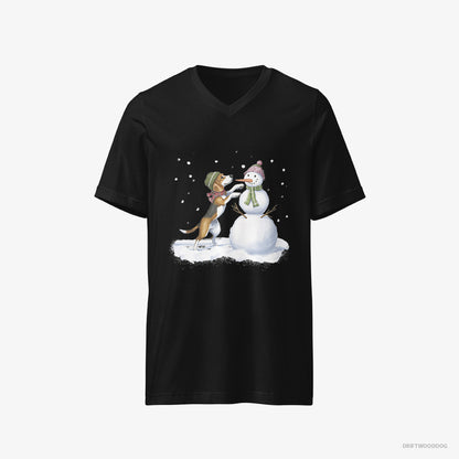 Beagle T-Shirt – Men Black T-Shirt V-Neck – Putting Together a Snowman (on White Background)