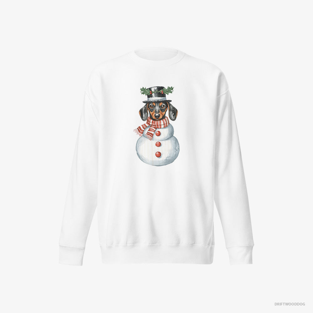 Dachshund Sweatshirt – Men White Sweatshirt Eco-Friendly – Rocking a Snowman Costume (on White Background)