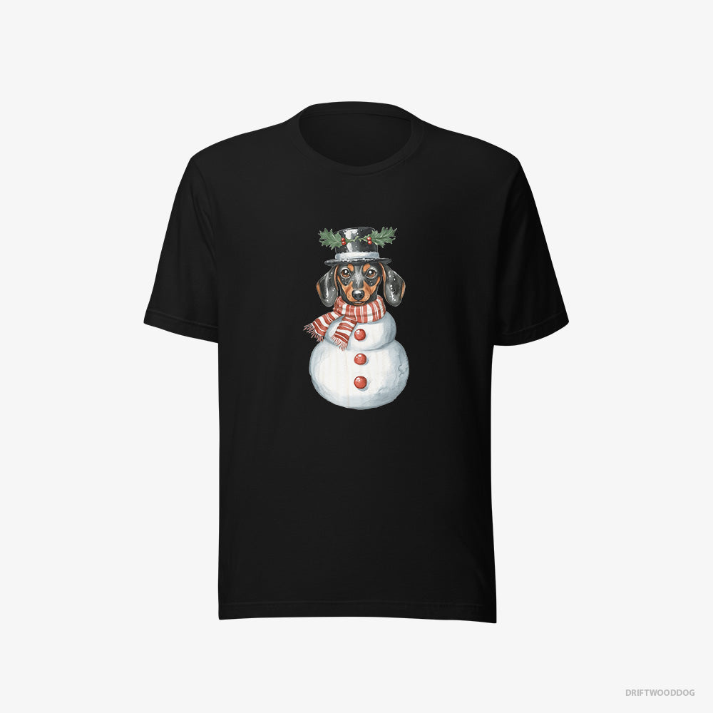 Dachshund T-Shirt – Women Black T-Shirt Eco-Friendly – Rocking a Snowman Costume (on White Background)