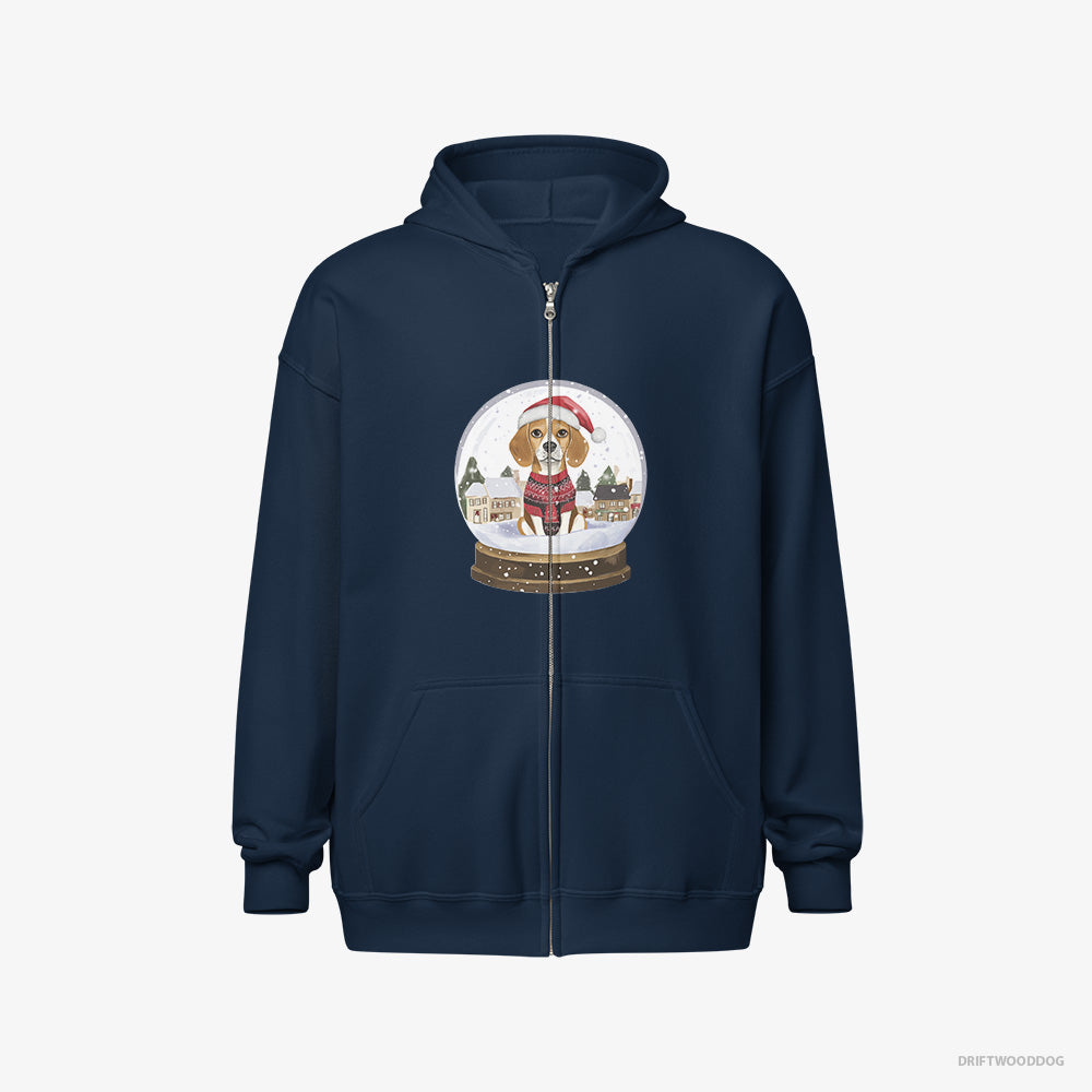 Beagle Hoodie – Men Navy Hoodie Full-Zip – in a Snow Globe (on White Background)