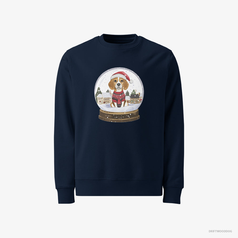 Beagle Sweatshirt – Women Navy Sweatshirt Classic – in a Snow Globe (on White Background)