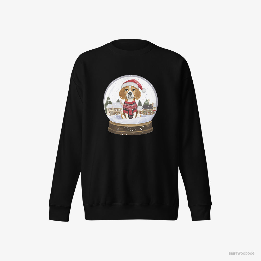 Beagle Sweatshirt – Women Black Sweatshirt Eco-Friendly – in a Snow Globe (on White Background)