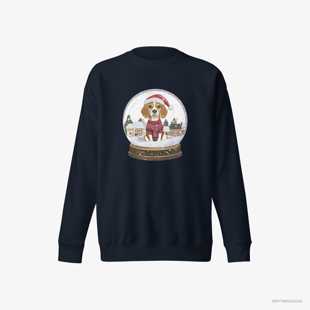 Beagle Sweatshirt – Women Navy Sweatshirt Eco-Friendly – in a Snow Globe (on White Background)