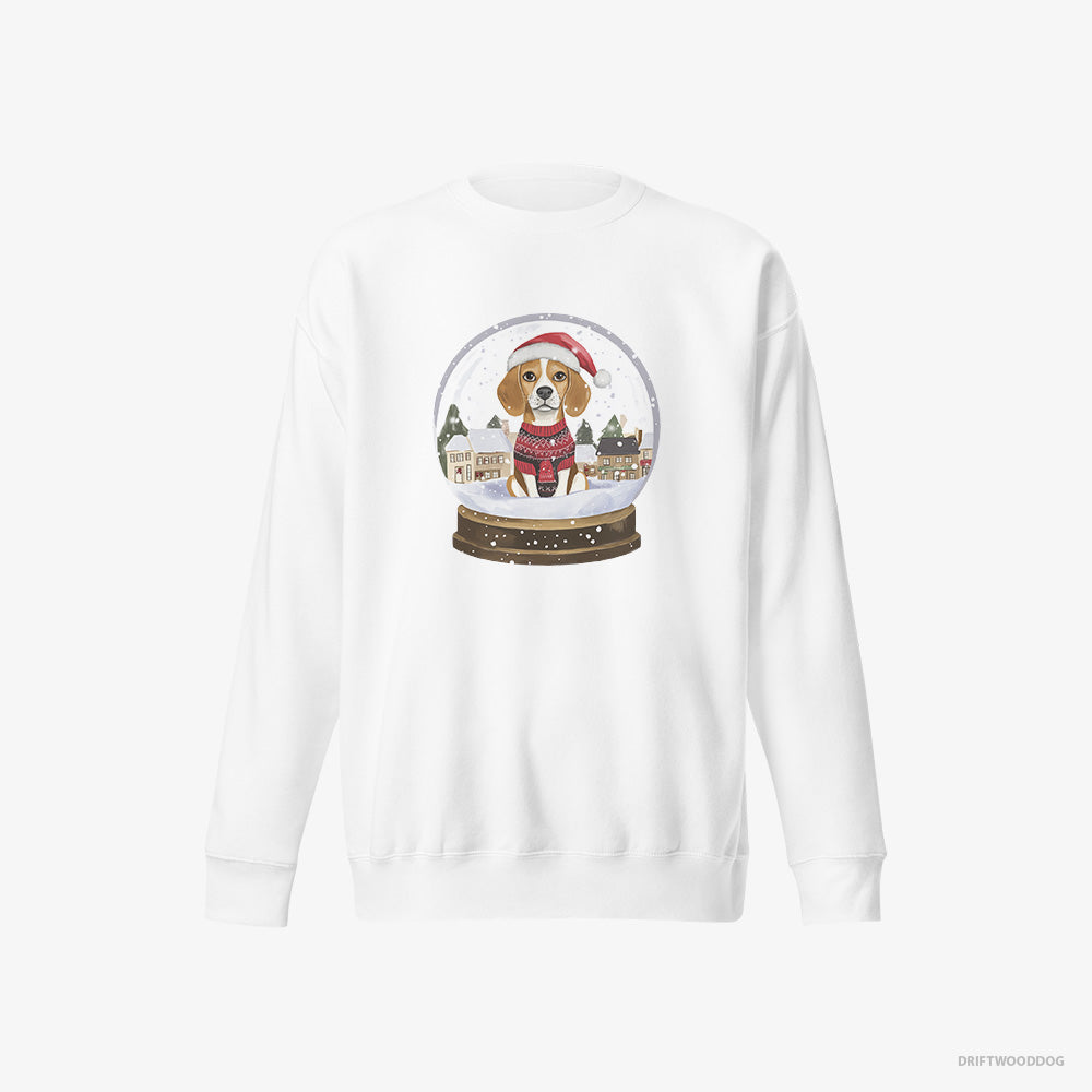 Beagle Sweatshirt – Women White Sweatshirt Eco-Friendly – in a Snow Globe (on White Background)