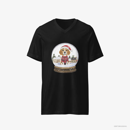 Beagle T-Shirt – Men Black T-Shirt V-Neck – in a Snow Globe (on White Background)