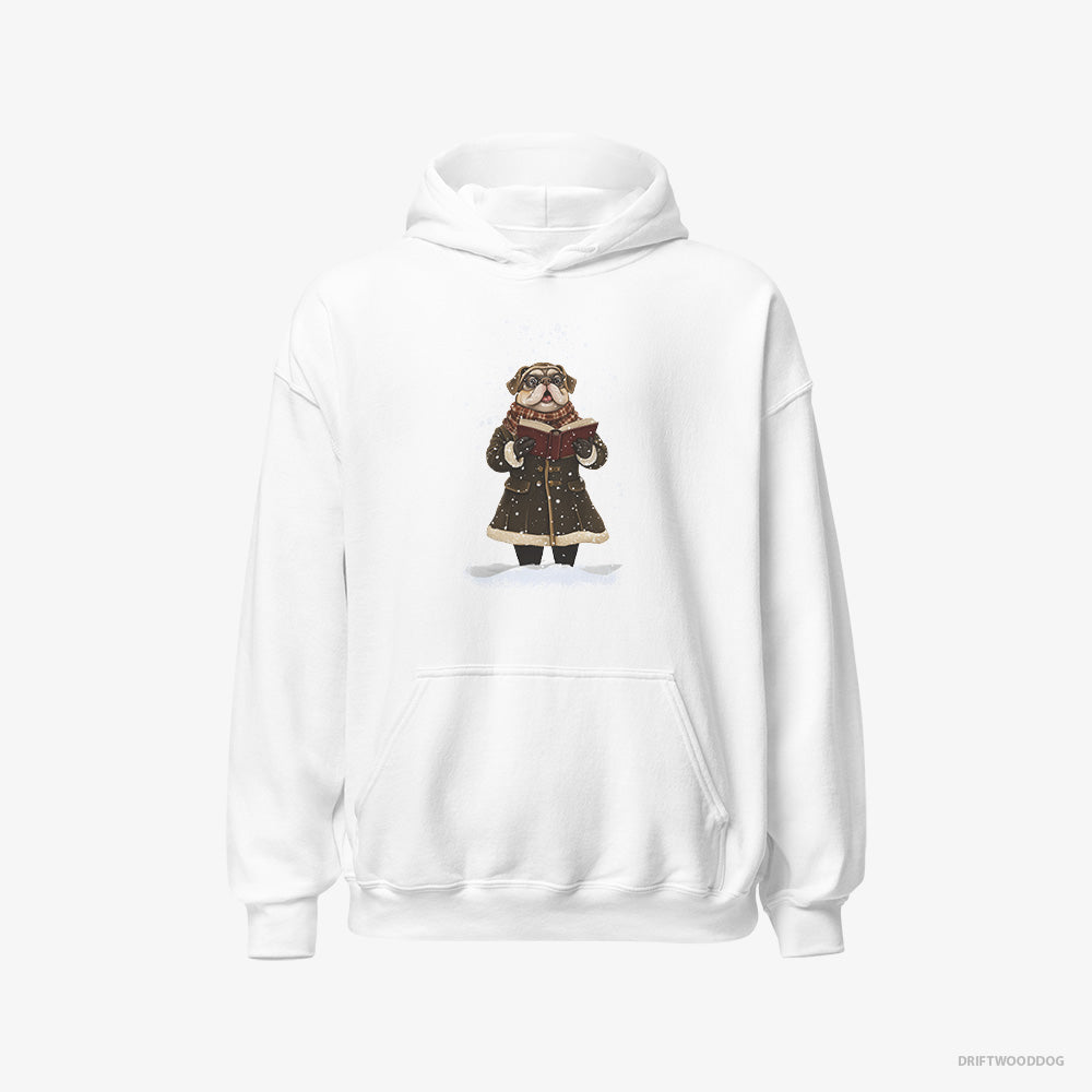 Pug Hoodie – Men White Hoodie Classic – Singing Christmas Carols in the Snow (on White Background)