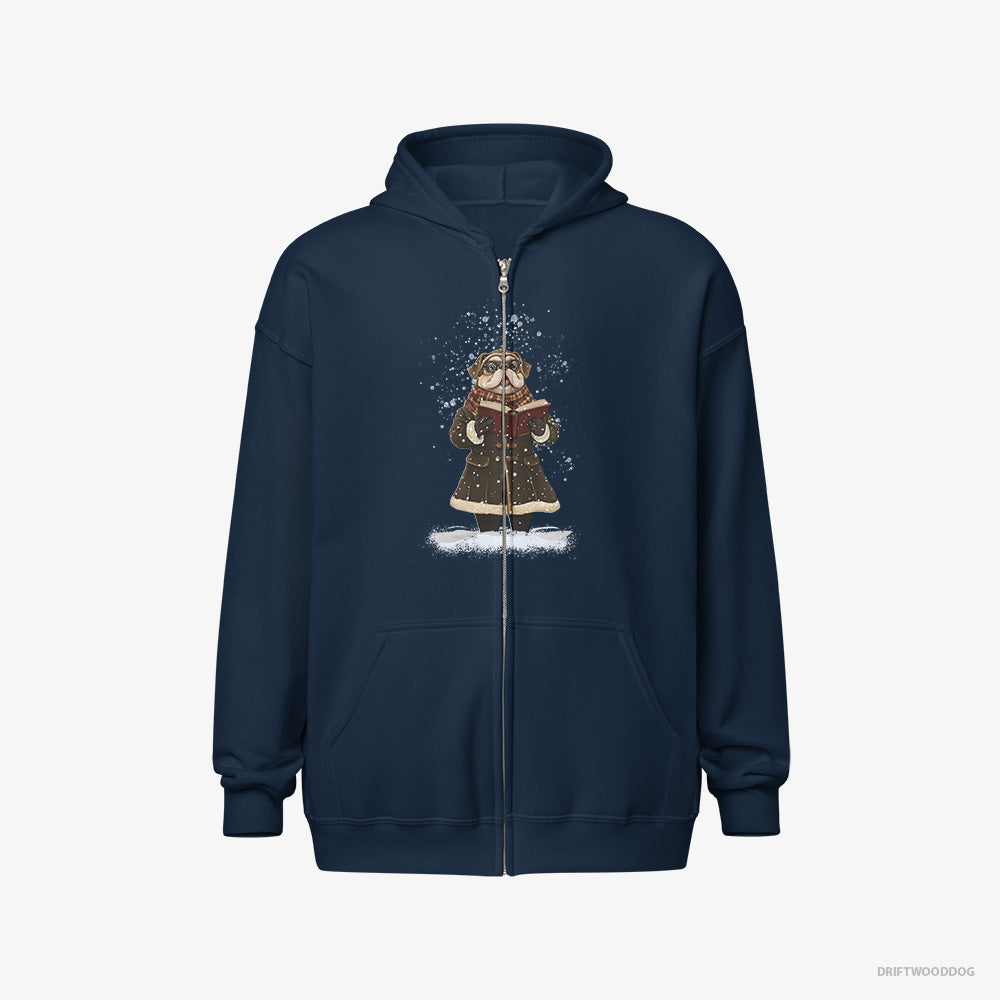 Pug Hoodie – Men Navy Hoodie Full-Zip – Singing Christmas Carols in the Snow (on White Background)