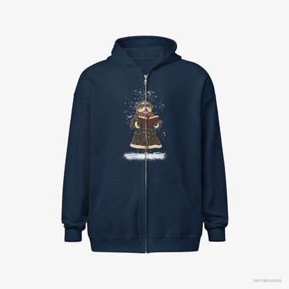 Pug Hoodie – Men Navy Hoodie Full-Zip – Singing Christmas Carols in the Snow (on White Background)