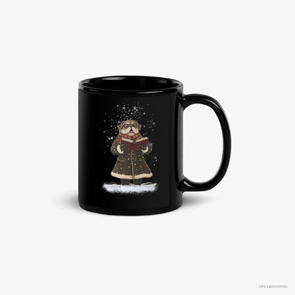 Pug Mug – Unisex Black Mug Classic – Singing Christmas Carols in the Snow (on White Background)