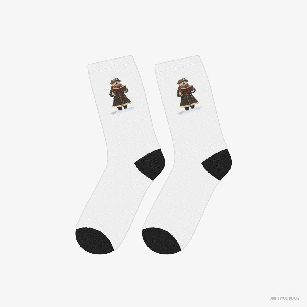 Pug Socks – Unisex White Socks Classic – Singing Christmas Carols in the Snow (on White Background)