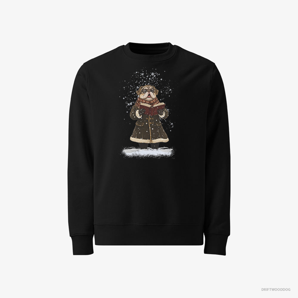 Pug Sweatshirt – Men Black Sweatshirt Classic – Singing Christmas Carols in the Snow (on White Background)